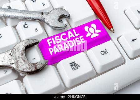 Ispirazione che mostra il paradiso fiscale segno. Parola per lo spreco di denaro pubblico è un argomento di grande preoccupazione digitando e la pubblicazione descrizioni on-line Foto Stock