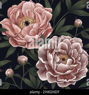 Motivo floreale senza cuciture. Carta da parati botanica con peonie realistiche, sfondo scuro. Vintage fiori disegnati a mano, boccioli, foglie per sfondi, tessuti Foto Stock