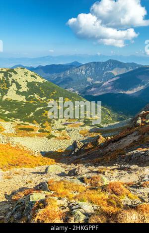 Vista dal crinale del Parco Nazionale dei Tatra bassi in Slovacchia al paesaggio montano con colline e valli, durante una giornata di sole con nuvole nel Th Foto Stock