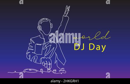 DJ giorno vettore sfondo, banner, poster. Una illustrazione di disegno di linea continua di dj Illustrazione Vettoriale