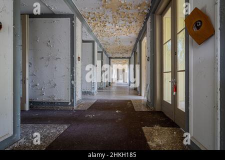 Lungo corridoio con alte finestre in un edificio abbandonato. Bellissimo decadimento. NAPOLA Ballenstedt Foto Stock