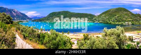 Le isole più belle e panoramiche della Grecia - Lefkada, Isole IONIE. Vista della baia di Nidri Foto Stock