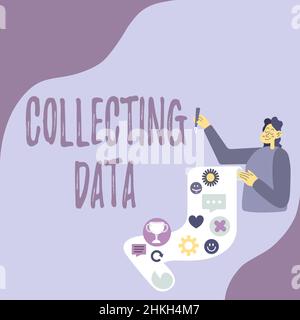 Scrittura manuale di dati di raccolta del testo. Foto concettuali raccolta e misurazione delle informazioni sulle variabili di interesse Lady Presenting Paper che la mostra Foto Stock