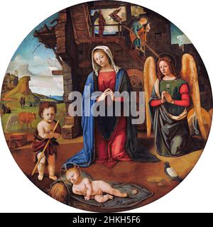 La Natività con il Bambino San Giovanni del pittore rinascimentale italiano Piero di Cosimo (1462-1522), olio su tela, c.. 1495-1505 Foto Stock