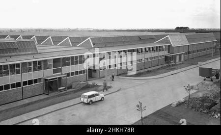 1960s, esterno, vista esterna di una nuova proprietà industriale leggera, vicino a Didcot, Oxford, Inghilterra, Regno Unito. I moderni edifici a due piani con facciata in vetro hanno caratteristici tetti a finestre triangolari, una caratteristica di design architettonico utilizzata in questa epoca su molte di queste unità industriali ingegneristiche. Un'auto da tenuta Mini clubman è parcheggiata sulla strada all'esterno. Foto Stock