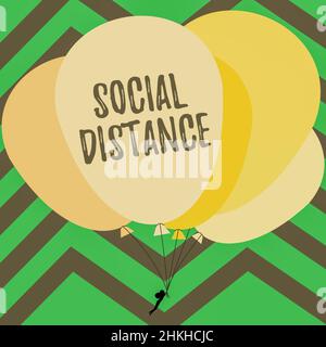 Visualizzazione concettuale distanza sociale. Business showcase grado di accettazione di interazione generale di individui Man Holding Colourful Balloons disegno Foto Stock