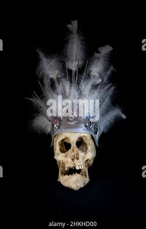 cranio umano con un'erica di piume per il carnevale Foto Stock