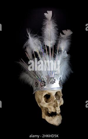 cranio umano con un'erica di piume per il carnevale Foto Stock