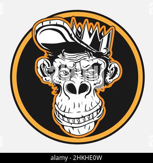 Testa di scimmia con corona. Illustrazione dell'incisione vintage Vector nera. Isolato su sfondo bianco eps Illustrazione Vettoriale