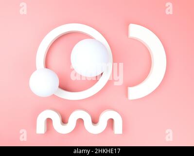 Figure di gesso di forme diverse su uno sfondo rosa vista dall'alto. Sfondo astratto con forme geometriche per la presentazione del prodotto. Composizione di f Foto Stock