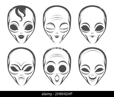 Insieme di Alien umanoide faccia espressione diversa. Alieno rabbia sorriso serenità calma sorpresa emozione isolato su bianco. Illustrazione vettoriale. Illustrazione Vettoriale