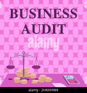 Firma che mostra l'audit aziendale. Business Concept esame del rapporto finanziario di un'organizzazione bilancia circondata da monete Calcolatrice Foto Stock