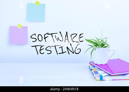 Testo che mostra il test del software di inspirazione. Internet Concept Investigation fornisce informazioni sulla qualità di IT Tidy Workspace Setup, scrittura Foto Stock