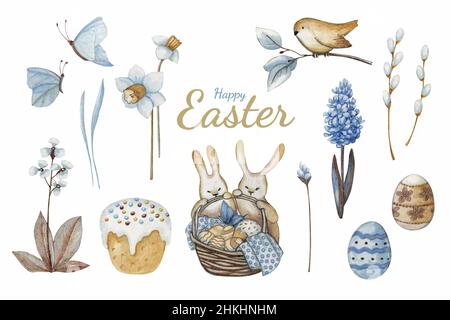 Illustrazione di Pasqua vettoriale, schizzo con matite colorate. Animali disegnati a mano, piante, farfalle e cibo. Illustrazione Vettoriale