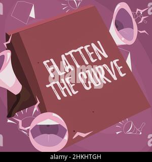 Inspirazione che mostra il segno appiattire la curva. Concetto che significa aumentare la consapevolezza sul rallentamento del tasso della malattia infettiva labbra megafoni ad alta voce Foto Stock