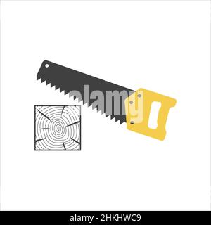icona di una sega che sega un log. Immagine su bianco . Illustrazione Vettoriale