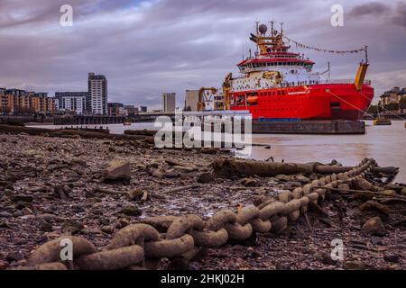 RRS Sir David Attenborough ha ormeggiato a Greenwich, Londra Foto Stock