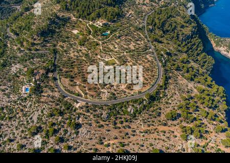 Veduta aerea, anello stradale dell'Autopista ma-10 a Deià, Maiorca, Isole Baleari, Spagna, Deià, Es, Europa, vista aerea, fotografia aerea, antenna ph Foto Stock