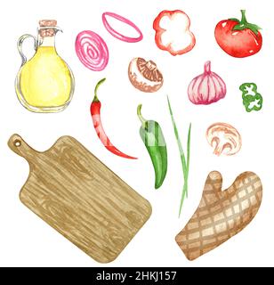Watercolor BBQ clipart. Utensili da cucina disegnati a mano e set di verdure Foto Stock