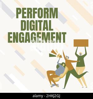 La didascalia di testo presenta il coinvolgimento digitale. Business idea coinvolgere la folla del pubblico con il potere del social network Woman Drawing Foto Stock