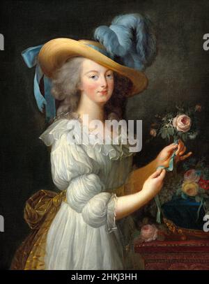 Maria Antonietta in abito muslin (replica) - dopo Elisabeth Vigee le Brun - anonimo questo dipinto è una replica non autografa di un ritratto di Maria Antonietta, Regina di Francia, dipinto da Élisabeth Vigée le Brun ed esposto per la prima volta al Salone di Parigi del 1783. In seguito Maria Antonietta la diede in regalo alla sua amica Louise d'Assia-Darmstadt, Granduchessa d'Assia e del Reno; l'originale dipinto del 1783 è ancora in possesso degli eredi di Louise nel Castello di Wolfgarten (Assia, Germania). Foto Stock