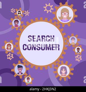 Cartello di testo con la scritta Search Consumer. Concetto che significa ricerca sulle preferenze e sul comportamento dei consumatori in un mercato i colleghi presentati all'interno delle ruote dentate Foto Stock