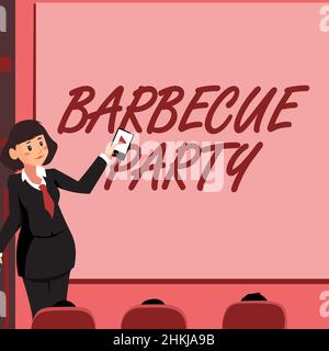Cartello con la scritta barbecue Party. Business Approach Outdoor party dove il cibo viene cucinato su una griglia o sopra un fuoco Donna Holding Remote Control presentare Foto Stock