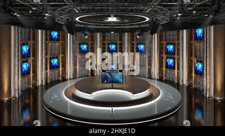 Set Studio TV virtuale. Sfondo verde dello schermo. 3D rendering Foto Stock