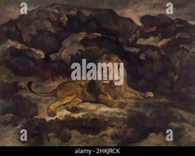 Arte ispirata a Lion Reclining, Lion au repos, Antoine-Louis Barye, francese, 1795-1875, Acquerello su carta color crema, Francia, n.d., 9 7/8 x 13 1/8 pollici, 25,1 x 33,3 cm, attento, gatto, europeo, grigio, paesaggio, leone, regale, roccioso, aspro, Acquerello, opere classiche modernizzate da Artotop con un tuffo di modernità. Forme, colore e valore, impatto visivo accattivante sulle emozioni artistiche attraverso la libertà delle opere d'arte in modo contemporaneo. Un messaggio senza tempo che persegue una nuova direzione selvaggiamente creativa. Artisti che si rivolgono al supporto digitale e creano l'NFT Artotop Foto Stock
