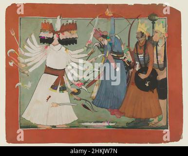 Arte ispirata da Ravana sfida Rama's Army, indiano, acquerello opaco su carta, Mandi, Punjab Hills, India, ca. 1750, foglio: 6 1/8 x 7 3/4 pollici, 15,6 x 19,7 cm, frecce, archi, conflitto, protezione, Hanuman, Mace, Mandi, scimmia, carta, Punjab Hills, Ravana, Shaivite, Shields, Spade, Opere classiche modernizzate da Artotop con un tocco di modernità. Forme, colore e valore, impatto visivo accattivante sulle emozioni artistiche attraverso la libertà delle opere d'arte in modo contemporaneo. Un messaggio senza tempo che persegue una nuova direzione selvaggiamente creativa. Artisti che si rivolgono al supporto digitale e creano l'NFT Artotop Foto Stock