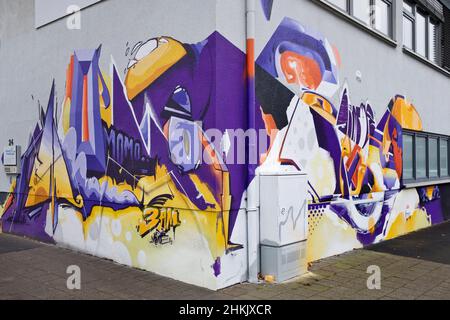 street art, graffiti all'angolo di una casa, Germania, Assia, Cassel Foto Stock