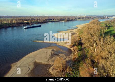 Reno con le rive sabbiose e le gronie al km 720 presso la Urdenbacher Kaempe NSG, vista aerea, Germania, Renania settentrionale-Vestfalia, basso Reno, NSG Foto Stock