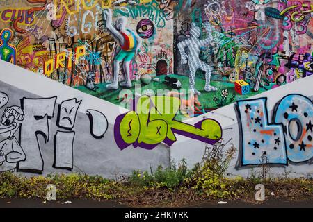 Graffiti con il titolo in mezzo, Street art, Germania, Assia, Cassel Foto Stock
