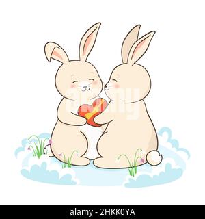 Coniglio che dà regalo scatola San Valentino cartoon poster. Romantica sorpresa coniglietto o cute lepre disegno personaggio mascotte. Vettore disegno amore illustrazione festiva, modello cartolina o banner infantile, scheda Illustrazione Vettoriale