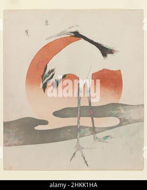 Arte ispirata da Crane con il Sole Setting, Totoya Hokkei, giapponese, 1780-1850, stampa woodblock, Stampa deluxe in formato shikishiban, Giappone, ca. 1820, periodo Edo, 8 3/16 x 7 3/16 pollici, 20,8 x 18,2 cm, 19th secolo, sfondo, uccello, calligrafia, Gru, giapponese, stampa, sole, opere classiche modernizzate da Artotop con un tuffo di modernità. Forme, colore e valore, impatto visivo accattivante sulle emozioni artistiche attraverso la libertà delle opere d'arte in modo contemporaneo. Un messaggio senza tempo che persegue una nuova direzione selvaggiamente creativa. Artisti che si rivolgono al supporto digitale e creano l'NFT Artotop Foto Stock