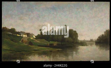 Art Inspired by River Scene, Charles-Francois Daubigny, Francese, 1817-1878, olio su pannello, Francia, 1859, 14 1/4 x 25 3/4 pollici, 36,2 x 65,4 cm, 1859, 19th secolo, nuvole, Francia, Campagna francese, pittura francese, case, paesaggio, le Paysage, Olio, olio su pannello, fiume, cielo, texture, Opere classiche modernizzate da Artotop con un tocco di modernità. Forme, colore e valore, impatto visivo accattivante sulle emozioni artistiche attraverso la libertà delle opere d'arte in modo contemporaneo. Un messaggio senza tempo che persegue una nuova direzione selvaggiamente creativa. Artisti che si rivolgono al supporto digitale e creano l'NFT Artotop Foto Stock