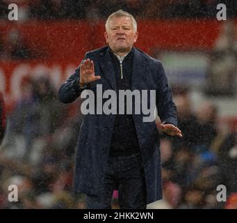 Manchester, Regno Unito. 5th Feb 2022. Il manager di Middlesbrough Chris Wilder reagisce durante la quarta partita di fa Cup inglese tra Manchester United e Middlesbrough a Manchester, in Gran Bretagna, il 4 febbraio 2022. Credit: Xinhua/Alamy Live News Foto Stock