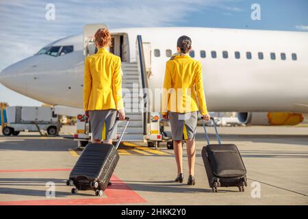 Vista posteriore delle donne che frequentano il volo con bagagli a carrello che camminano lungo il campo aereo e dirigersi verso l'aereo passeggeri Foto Stock