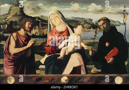 Arte ispirata a Madonna col Bambino con i Santi Giovanni Battista e Nicola di Tolentino, Tempera e olio su pannello di pioppo, inizio 1500s, 28 3/8 x 43 3/4 pollici, 72,1 x 111,1 cm, radiografia, opere classiche modernizzate da Artotop con un tuffo di modernità. Forme, colore e valore, impatto visivo accattivante sulle emozioni artistiche attraverso la libertà delle opere d'arte in modo contemporaneo. Un messaggio senza tempo che persegue una nuova direzione selvaggiamente creativa. Artisti che si rivolgono al supporto digitale e creano l'NFT Artotop Foto Stock