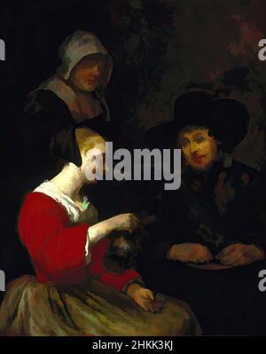 Arte ispirata da Woman Vocing Wine, Gerard ter Borch II, olandese, 1617-1681, olio su pannello, Paesi Bassi, circa 1650, 13 15/16 x 10 7/8 pollici, 35,4 x 27,6 cm, bevanda, tappo, conviviale, corteggiamento, Corteggiamento, buio, bevanda, pittura olandese, intrattenimento, figura, figure, cibo e bevande, glint, caraffa, Opere classiche modernizzate da Artotop con un tocco di modernità. Forme, colore e valore, impatto visivo accattivante sulle emozioni artistiche attraverso la libertà delle opere d'arte in modo contemporaneo. Un messaggio senza tempo che persegue una nuova direzione selvaggiamente creativa. Artisti che si rivolgono al supporto digitale e creano l'NFT Artotop Foto Stock