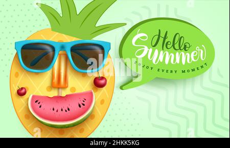 Disegno vettoriale dell'ananas estivo. Ciao estate testo in bolla di discorso con frutta emoji viso e occhiali da sole per la decorazione tropicale stagione d'arte. Illustrazione Vettoriale
