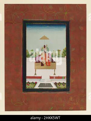 Arte ispirata da Miran Shah, indiano, acquerello opaco e oro su carta, Deccan, India, 1875-1900, Mughal, Foglio: 19 5/8 x 11 3/4 pollici, 49,8 x 29,8 cm, Deccan, Feather, Oro, Halo, Hyderabad, Kula, Miran Shah, carta, Parasol, Terrazza, Trono, Watercolor, opere classiche modernizzate da Artotop con un tuffo di modernità. Forme, colore e valore, impatto visivo accattivante sulle emozioni artistiche attraverso la libertà delle opere d'arte in modo contemporaneo. Un messaggio senza tempo che persegue una nuova direzione selvaggiamente creativa. Artisti che si rivolgono al supporto digitale e creano l'NFT Artotop Foto Stock