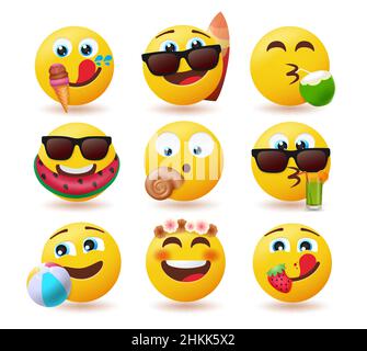 Set vettore emoticon estivo. Personaggi emoji con elementi estivi di succo, frutta e galleggiatore per la stagione tropicale cute collezione emoticon. Illustrazione Vettoriale