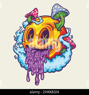 Icona gialla Smiley Psychedelic Fungus Vector illustrazioni per il tuo lavoro Logo, Mascot merchandise t-shirt, adesivi e Label design, poster Illustrazione Vettoriale