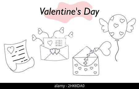 Una serie di elementi per il giorno di San Valentino. Buste, valentine, lettere. Nella progettazione lineare. Un simbolo di amore e di festa di San Valentino. Vettore Illustrazione Vettoriale