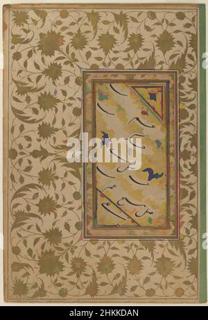 Arte ispirata da campione di Calligraphy in Persian Nasta'liq script, inchiostro, acquerelli opachi, e oro su carta, 16th secolo, periodo Safavid, 8 13/16 x 5 1/4 in., 22,4 x 13,3 cm, calligrafia, cursive, Iran, Medio Oriente, Persia, poesia, versetto, scrittura, opere classiche modernizzate da Artotop con un tuffo di modernità. Forme, colore e valore, impatto visivo accattivante sulle emozioni artistiche attraverso la libertà delle opere d'arte in modo contemporaneo. Un messaggio senza tempo che persegue una nuova direzione selvaggiamente creativa. Artisti che si rivolgono al supporto digitale e creano l'NFT Artotop Foto Stock