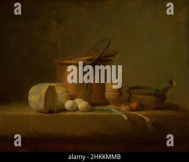 Arte ispirata alla natura morta con bollitore in rame, formaggio e uova, Jean-Baptiste-Siméon Chardin, c.. 1730 - 1735, opere classiche modernizzate da Artotop con un tocco di modernità. Forme, colore e valore, impatto visivo accattivante sulle emozioni artistiche attraverso la libertà delle opere d'arte in modo contemporaneo. Un messaggio senza tempo che persegue una nuova direzione selvaggiamente creativa. Artisti che si rivolgono al supporto digitale e creano l'NFT Artotop Foto Stock