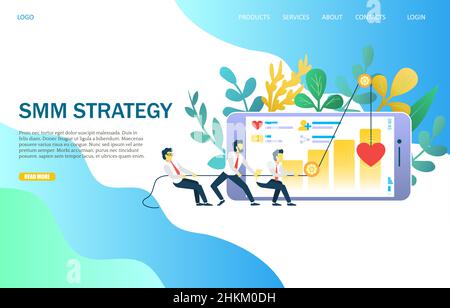 Modello di progettazione della landing page del sito Web SMM Strategy Vector Illustrazione Vettoriale