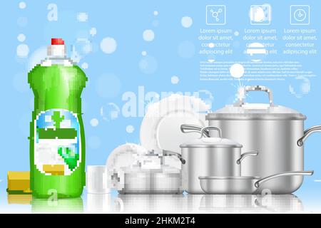 Sapone liquido per lavastoviglie ad, illustrazione vettoriale realistica Illustrazione Vettoriale