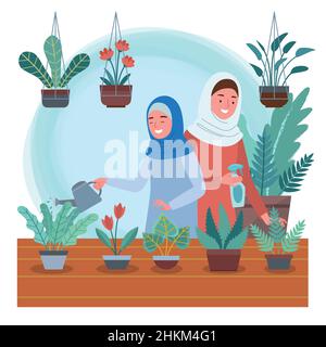 Una madre musulmana e una figlia con hijab stanno innaffiando e si stanno preoccupando per le piante insieme felicemente. Illustrazione Vettoriale